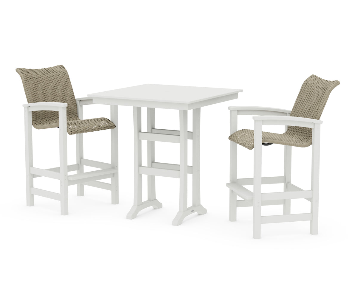 POLYWOOD Coastal Woven 3-Piece Farmhouse Bar Set with Trestle Legs in Vintage White / Dune Grass