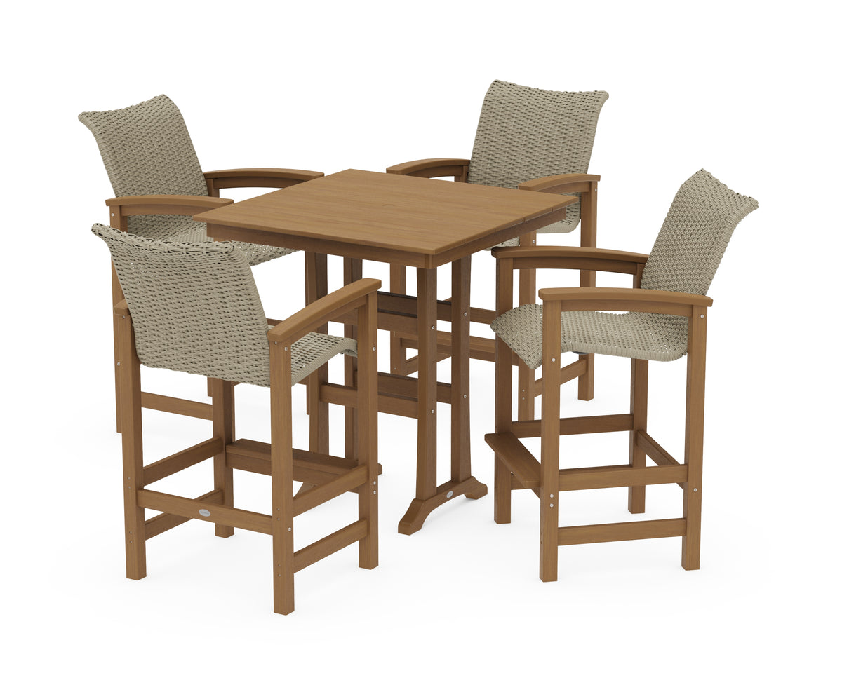 POLYWOOD Coastal Woven 5-Piece Farmhouse Bar Set with Trestle Legs in Natural / Dune Grass