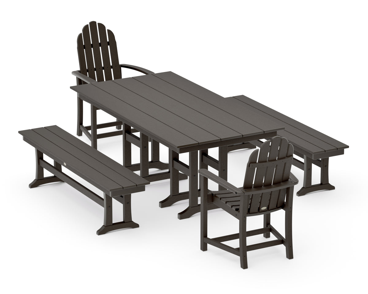 POLYWOOD Classic Adirondack 5-Piece Farmhouse Dining Set with Benches in Vintage Coffee