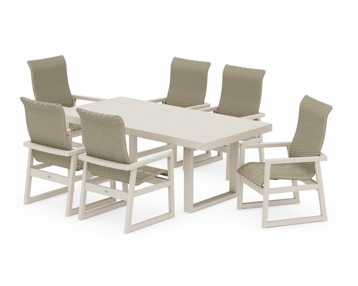POLYWOOD EDGE Woven High-Back Arm Chair 7-Piece Dining Set in Sand / Dune Grass