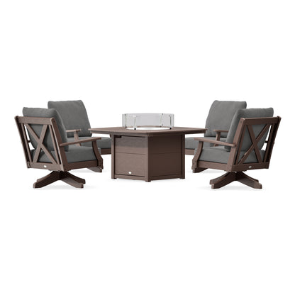 POLYWOOD Braxton 5-Piece Deep Seating Swivel Conversation Set with Fire Pit Table in Mahogany