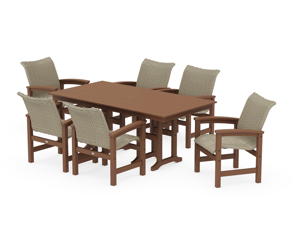 POLYWOOD Coastal Woven Arm Chair 7-Piece Farmhouse Dining Set in Teak / Dune Grass