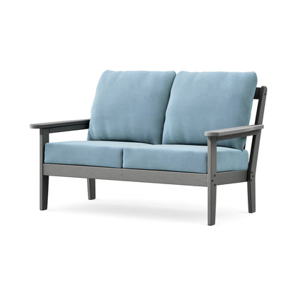 POLYWOOD Cottage Deep Seating Loveseat in Slate Grey / Lattice Sky Blue