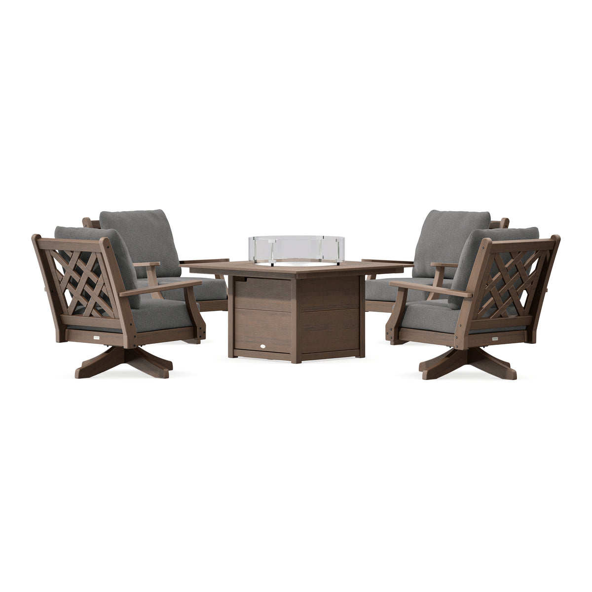 POLYWOOD Country Living Wovendale 5-Piece Deep Seating Swivel Conversation Set with Fire Pit Table in Kona