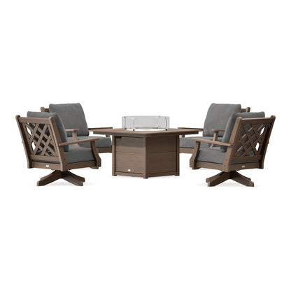 POLYWOOD Country Living Wovendale 5-Piece Deep Seating Swivel Conversation Set with Fire Pit Table in Kona