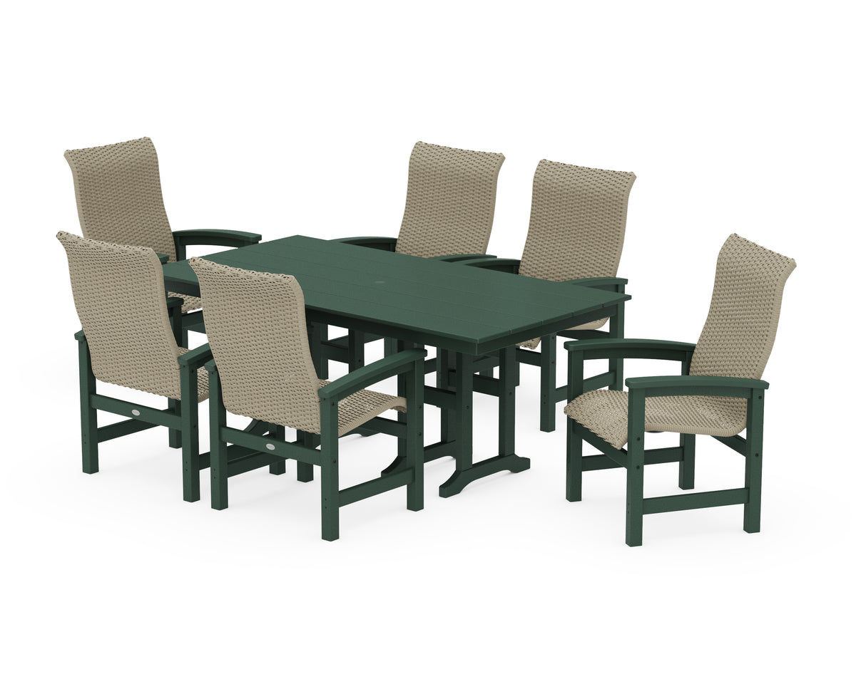 POLYWOOD Coastal Woven High-Back Arm Chair 7-Piece Farmhouse Dining Set in Green / Dune Grass