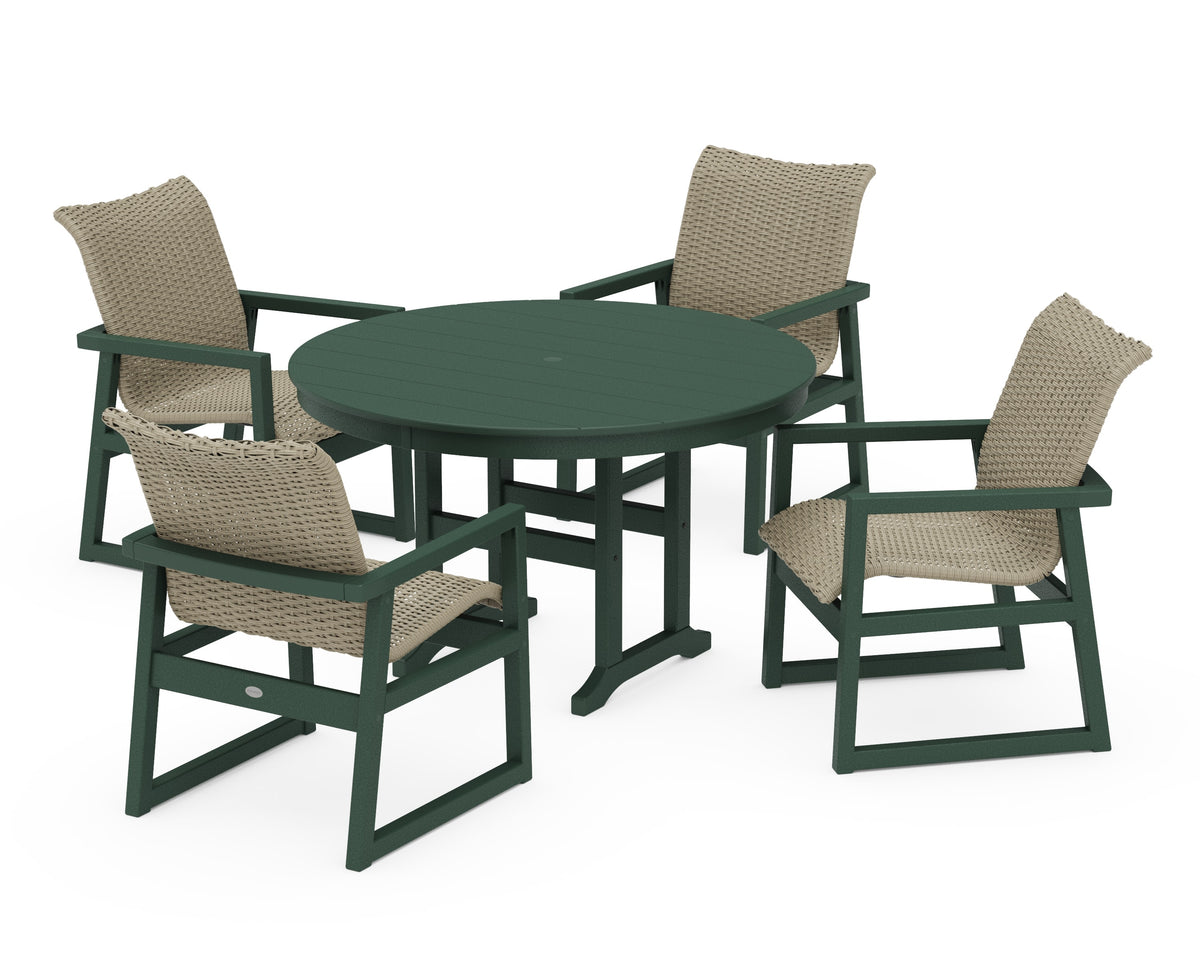 POLYWOOD EDGE Woven 5-Piece Round Farmhouse Dining Set in Green / Dune Grass