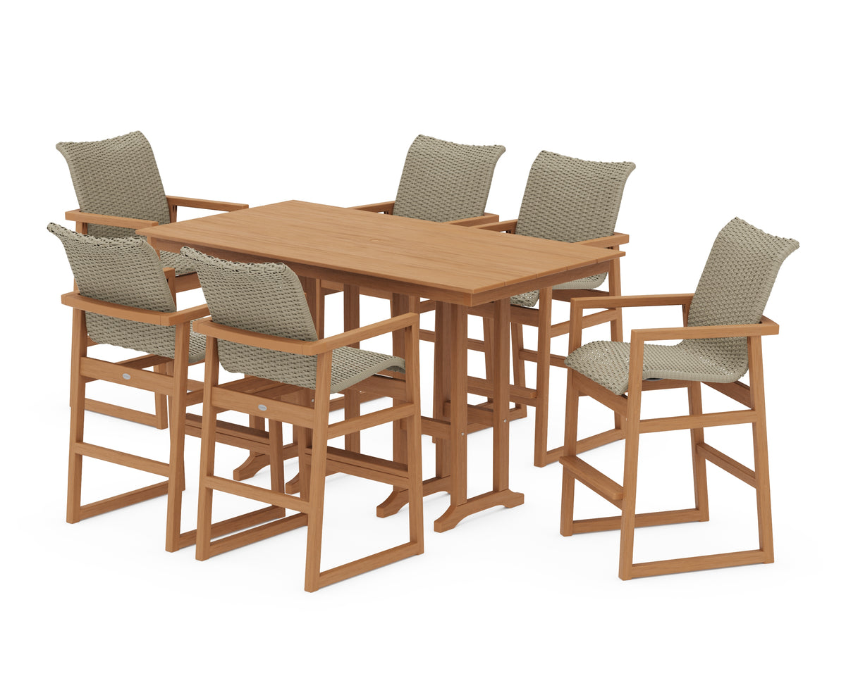 POLYWOOD EDGE Woven Arm Chair 7-Piece Farmhouse Bar Set in Natural / Dune Grass