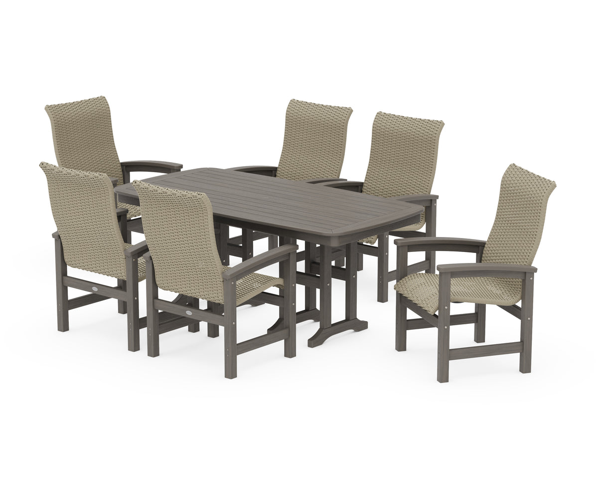 POLYWOOD Coastal Woven High-Back Arm Chair 7-Piece Dining Set in Driftwood / Dune Grass