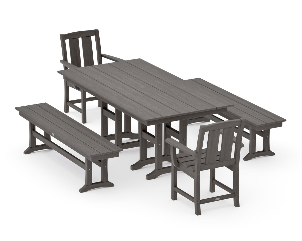 POLYWOOD Mission 5-Piece Farmhouse Dining Set with Benches in Driftwood