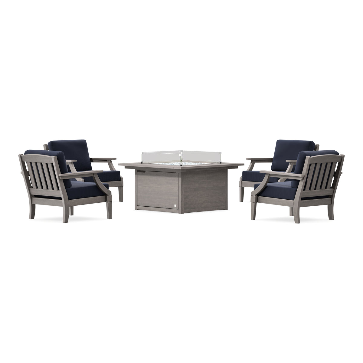 POLYWOOD PW Designer Series Estate 5-Piece Lounge Fire Table Set in Driftwood / Navy