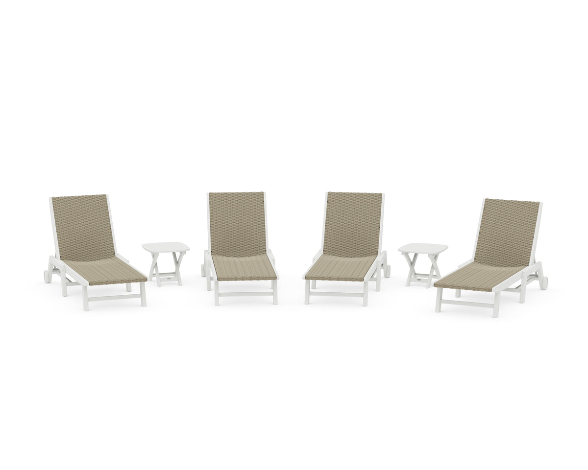 POLYWOOD 6-Piece Coastal Woven Chaise with Wheels Lounge Set in Vintage White / Dune Grass