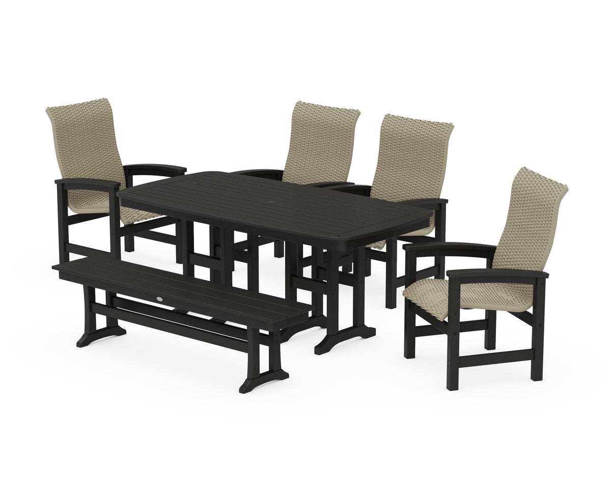 POLYWOOD Coastal Woven High-Back 6-Piece Farmhouse Dining Set with Bench with Nautical 37" x 72" Dining Table in Black / Dune Grass