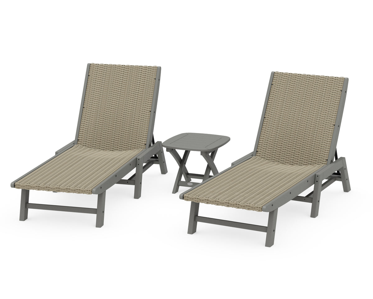 POLYWOOD 3-Piece Coastal Woven Chaise Lounge Set in Slate Grey / Dune Grass