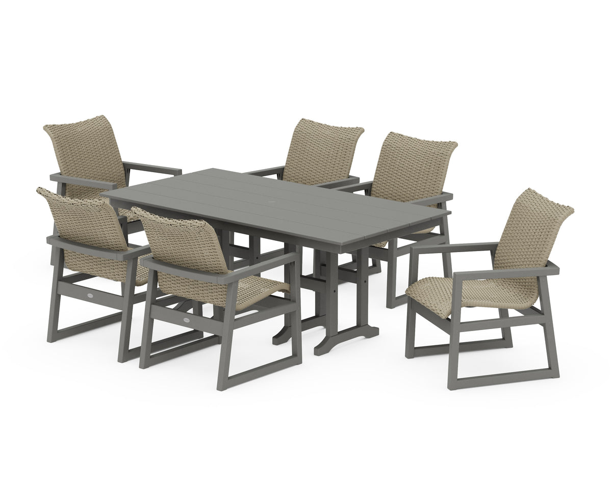 POLYWOOD EDGE Woven Arm Chair 7-Piece Farmhouse Dining Set in Slate Grey / Dune Grass