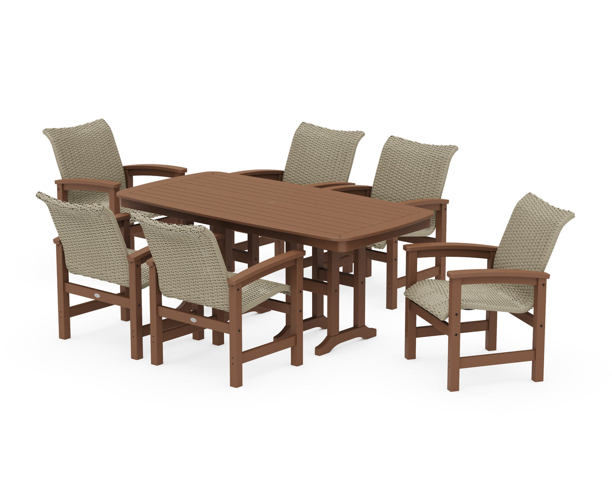 POLYWOOD Coastal Woven Arm Chair 7-Piece Dining Set in Teak / Dune Grass