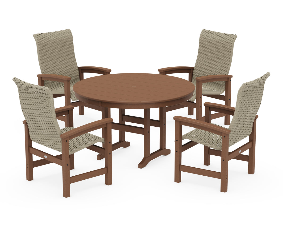 POLYWOOD Coastal Woven High-Back 5-Piece Round Farmhouse Dining Set in Teak / Dune Grass