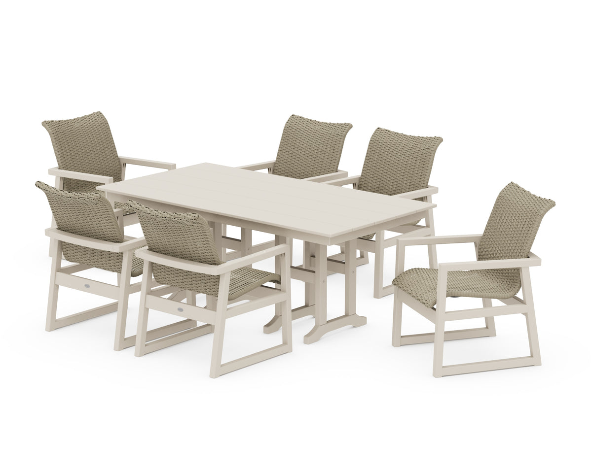 POLYWOOD EDGE Woven Arm Chair 7-Piece Farmhouse Dining Set in Sand / Dune Grass