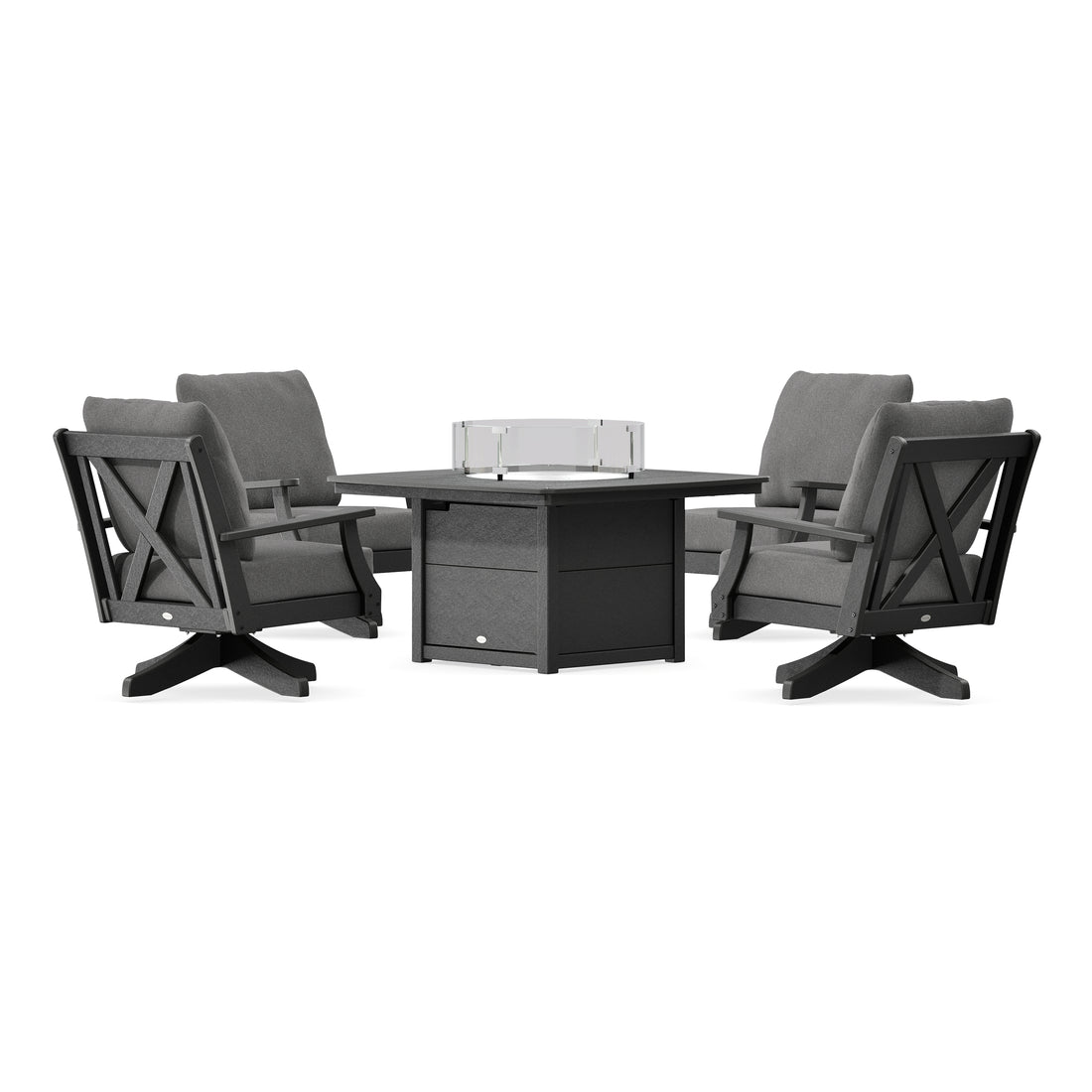 POLYWOOD Braxton 5-Piece Deep Seating Swivel Conversation Set with Fire Pit Table in Black