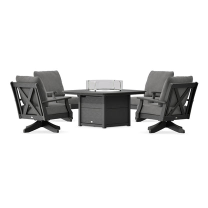 POLYWOOD Braxton 5-Piece Deep Seating Swivel Conversation Set with Fire Pit Table in Black