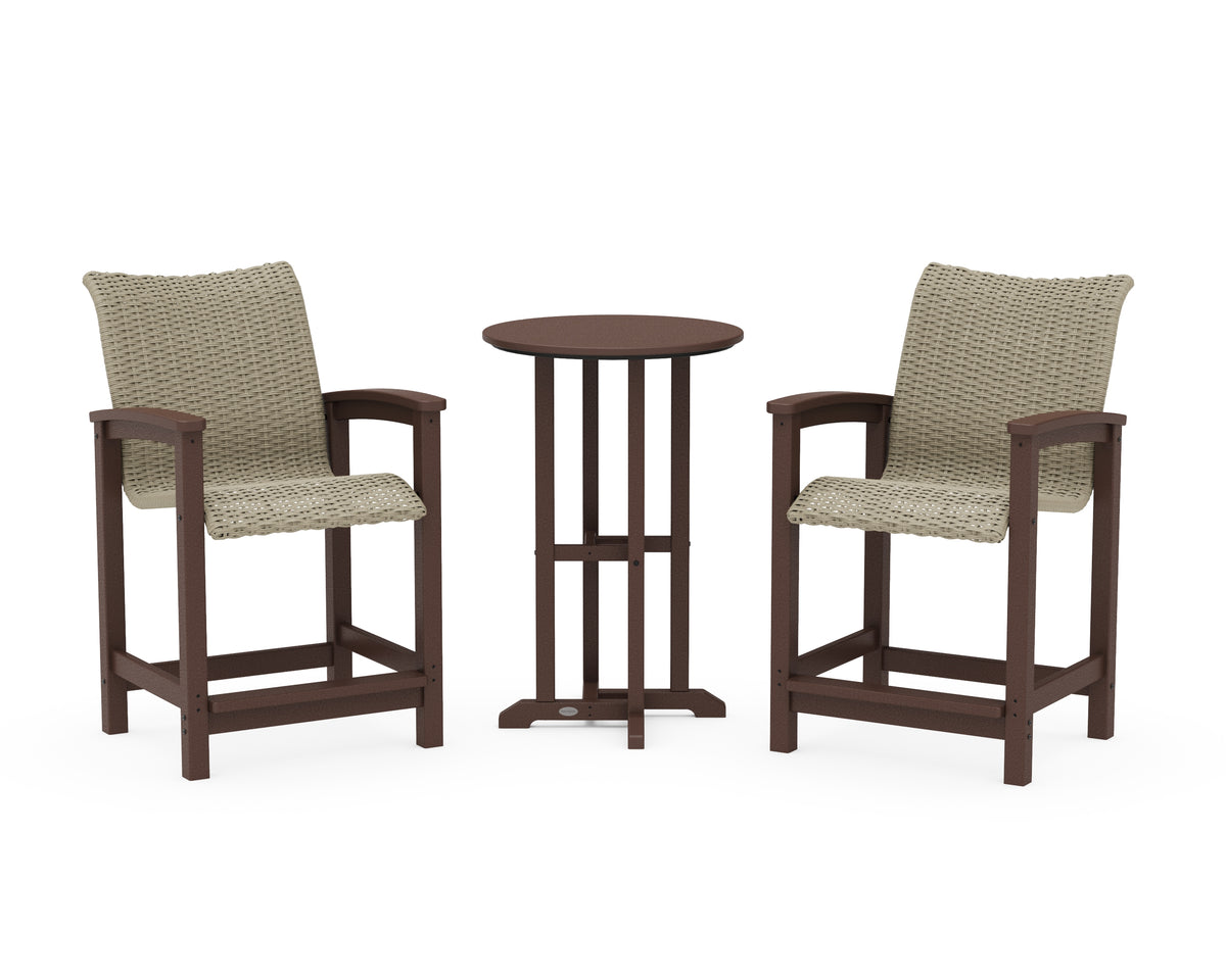 POLYWOOD Coastal Woven 3-Piece Farmhouse Counter Set in Mahogany / Dune Grass
