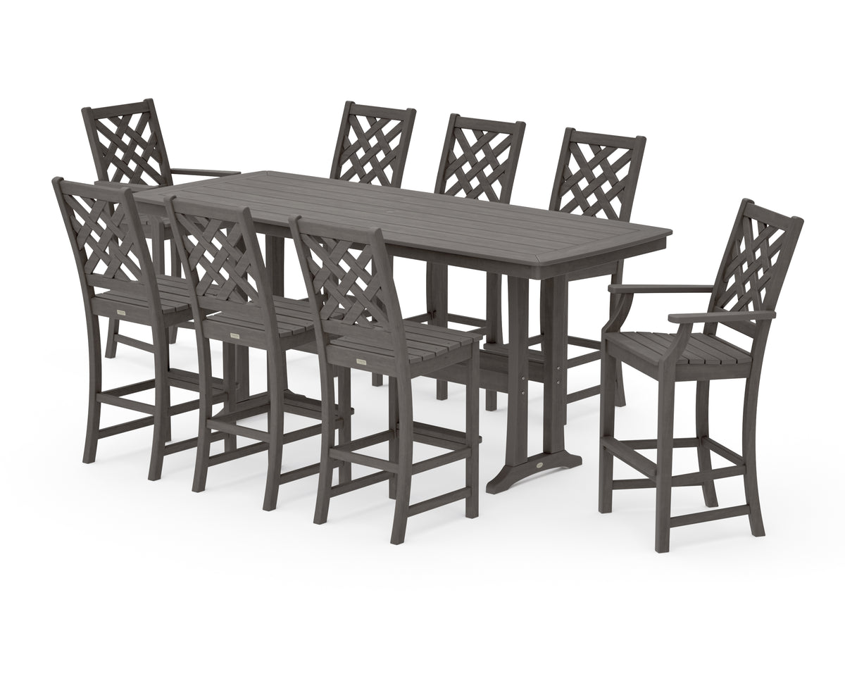 POLYWOOD Country Living Wovendale 9-Piece Bar Set with Trestle Legs in Driftwood