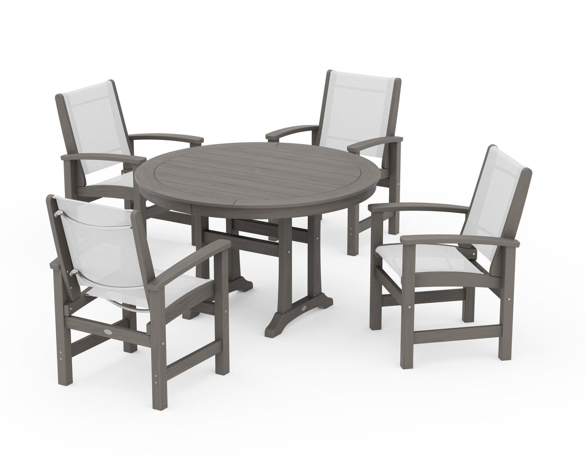 POLYWOOD Coastal 5-Piece Round Dining Set with Trestle Legs in Driftwood / White