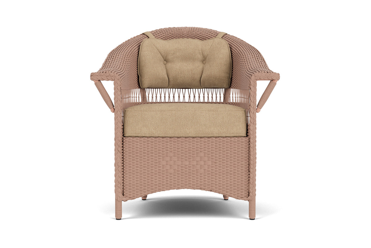 Lloyd Flanders Nantucket Dining Armchair in Rosewood with Hayden Sand fabric