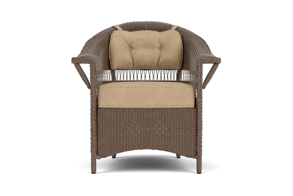 Lloyd Flanders Nantucket Dining Armchair in Bark with Hayden Sand fabric