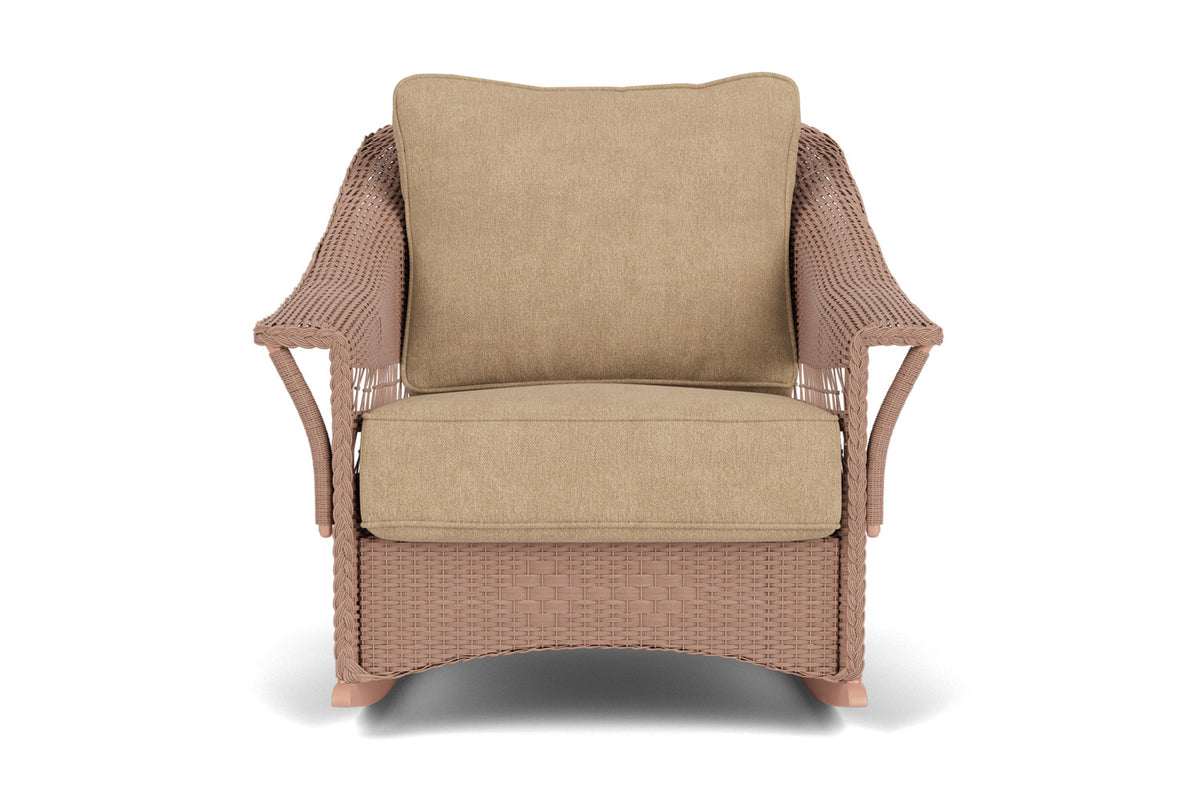 Lloyd Flanders Nantucket Lounge Rocker in Rosewood with Hayden Sand fabric