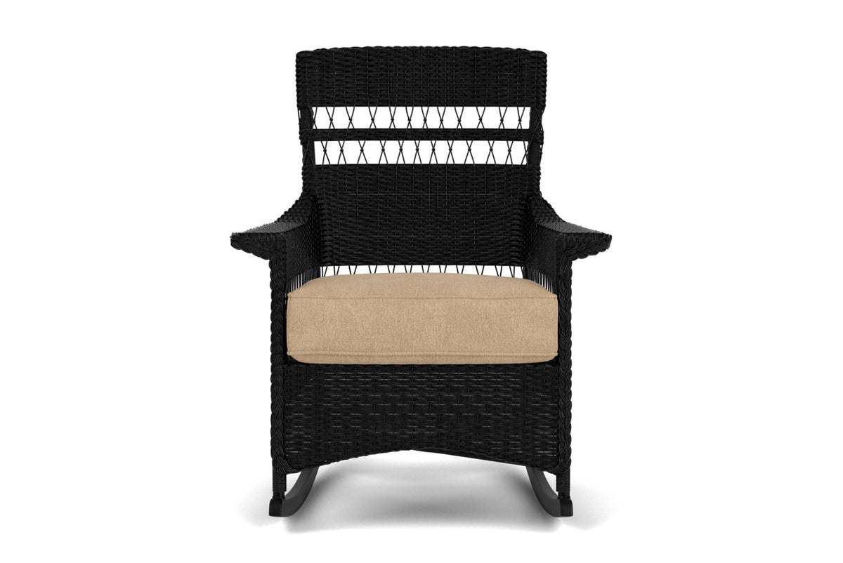 Lloyd Flanders Nantucket Porch Rocker in Ebony with Hayden Sand fabric