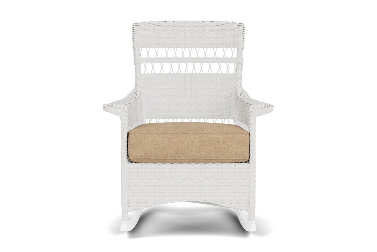 Lloyd Flanders Nantucket Porch Rocker in Matte White with Hayden Sand fabric