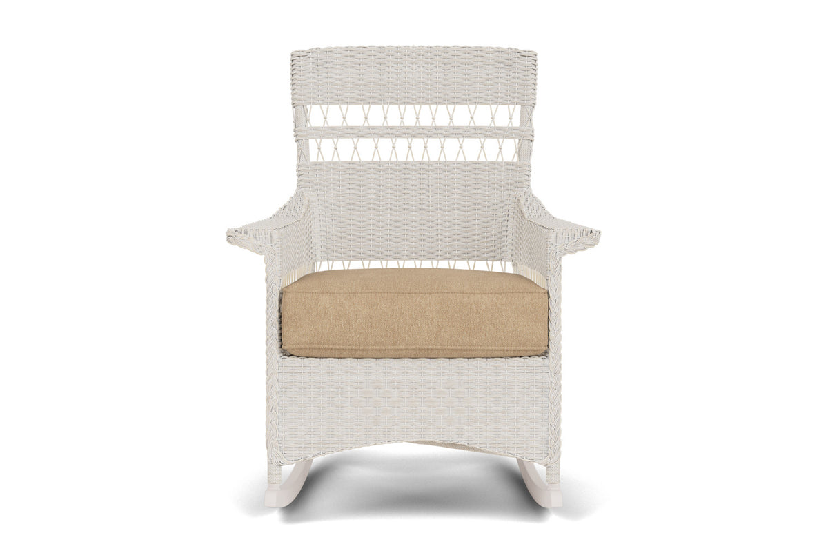 Lloyd Flanders Nantucket Porch Rocker in Antique White with Hayden Sand fabric