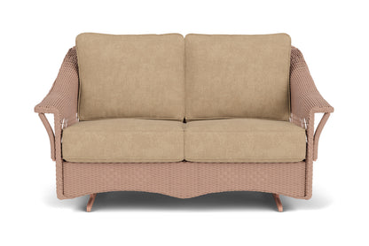 Lloyd Flanders Nantucket Loveseat Glider in Rosewood with Hayden Sand fabric