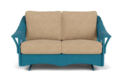 Lloyd Flanders Nantucket Loveseat Glider in Peacock with Hayden Sand fabric
