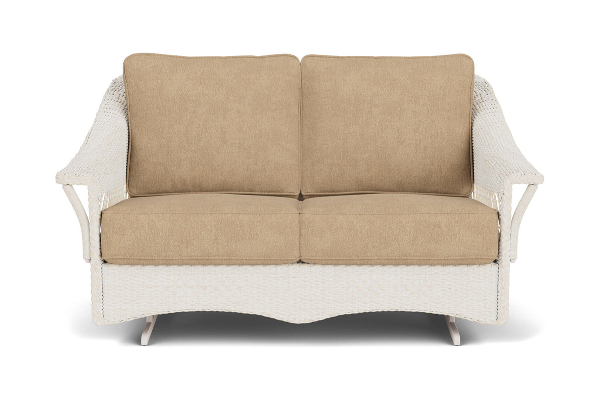 Lloyd Flanders Nantucket Loveseat Glider in Antique White with Hayden Sand fabric