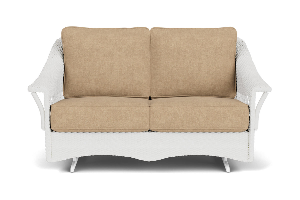 Lloyd Flanders Nantucket Loveseat Glider in Matte White with Hayden Sand fabric