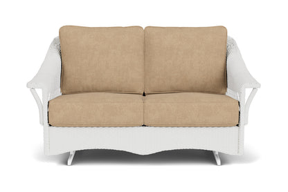 Lloyd Flanders Nantucket Loveseat Glider in Matte White with Hayden Sand fabric