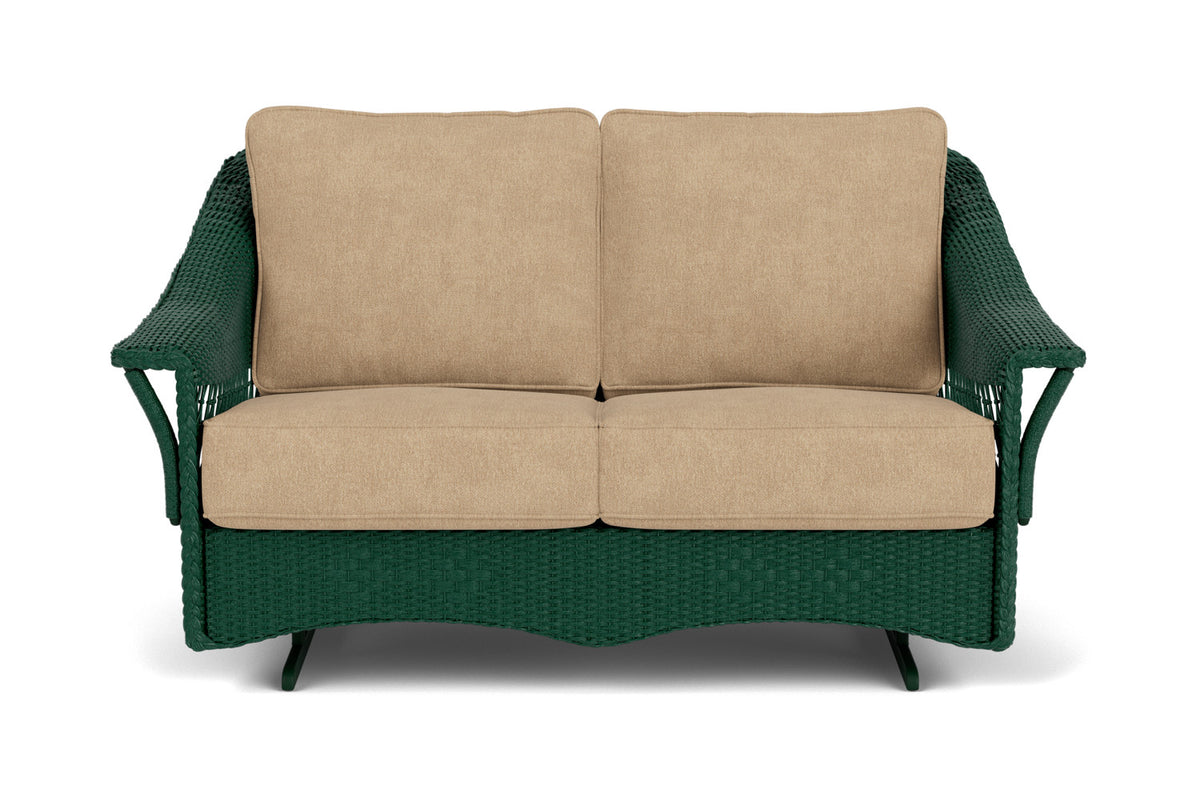 Lloyd Flanders Nantucket Loveseat Glider in Woodland with Hayden Sand fabric