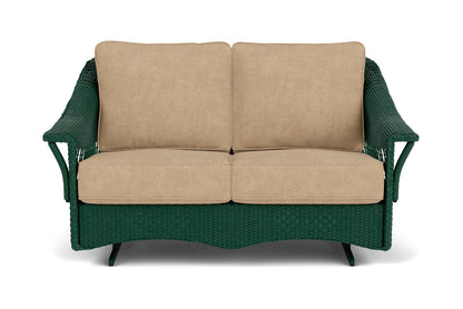 Lloyd Flanders Nantucket Loveseat Glider in Woodland with Hayden Sand fabric