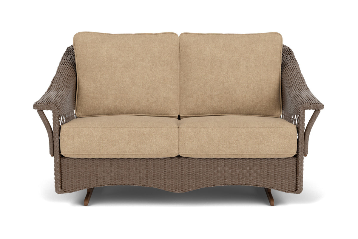 Lloyd Flanders Nantucket Loveseat Glider in Bark with Hayden Sand fabric