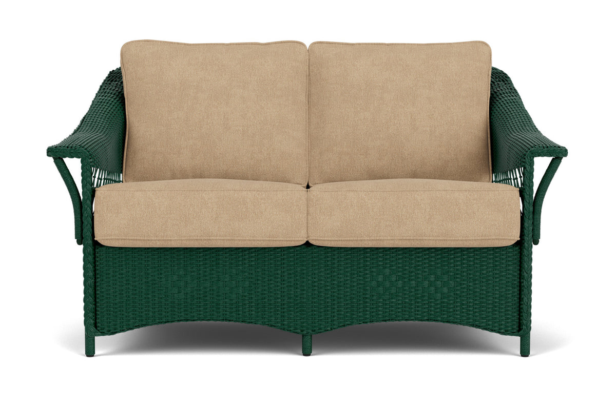 Lloyd Flanders Nantucket Conversation Set in Woodland with Hayden Sand fabric