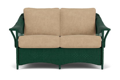 Lloyd Flanders Nantucket Conversation Set in Woodland with Hayden Sand fabric