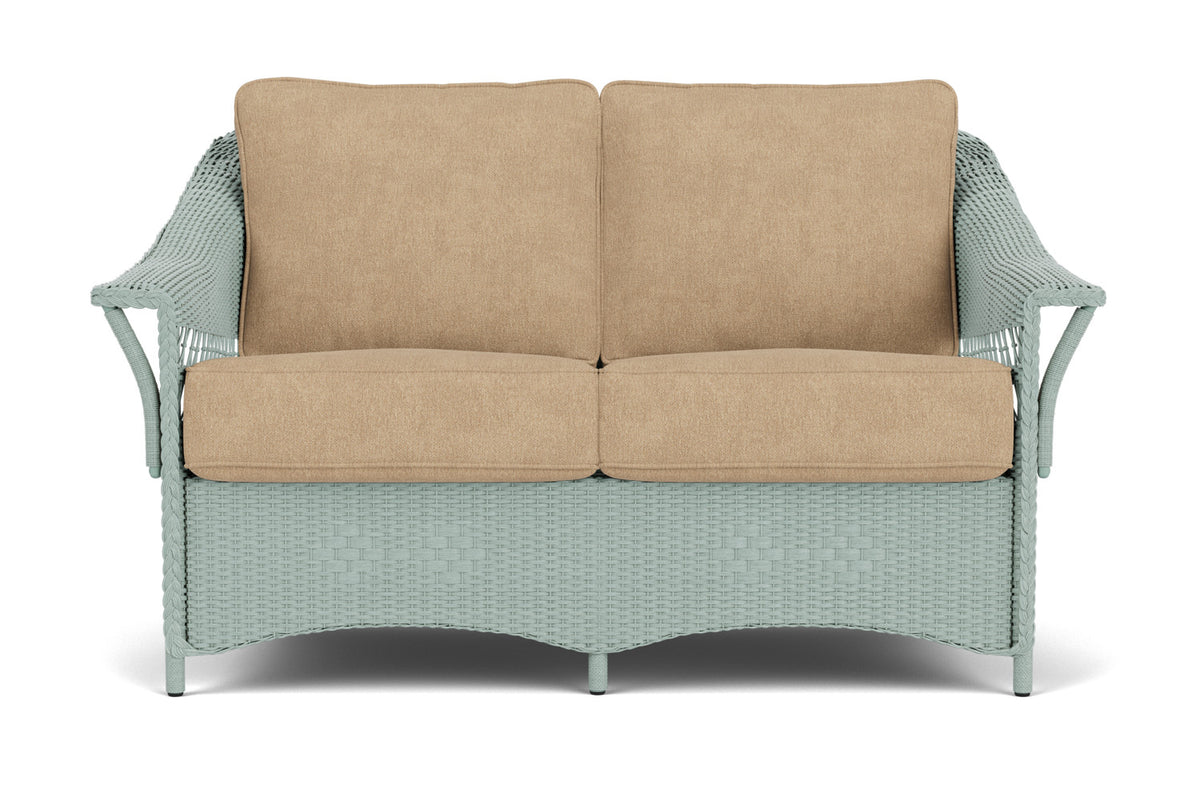 Lloyd Flanders Nantucket Loveseat in Sea Glass with Hayden Sand fabric