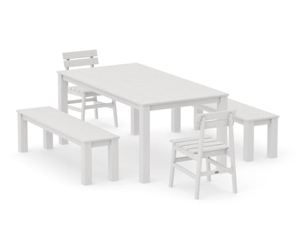 POLYWOOD Modern Studio Plaza Chair 5-Piece Parsons Dining Set with Benches - 38" x 72" Table in Vintage White