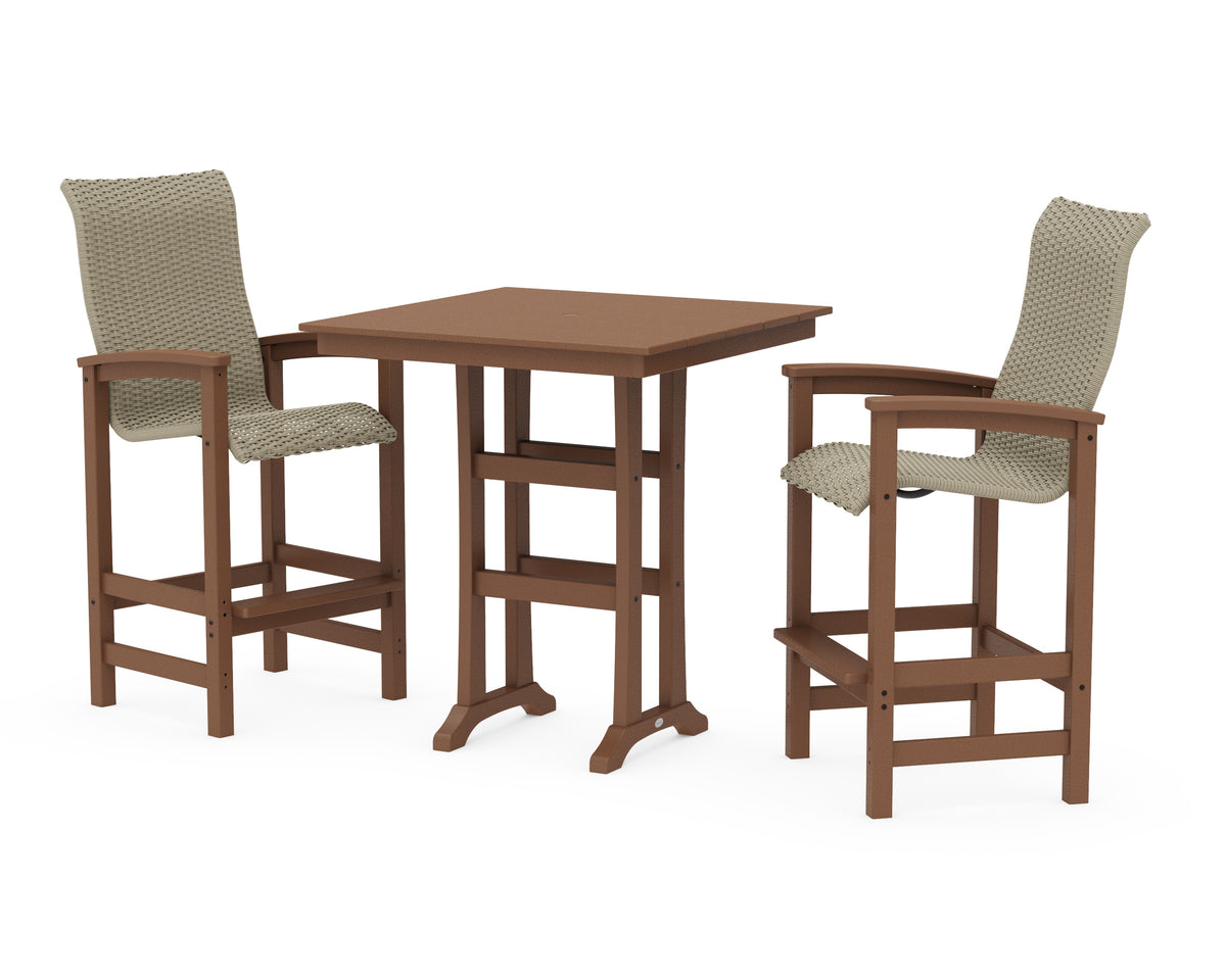 POLYWOOD Coastal Woven High-Back 3-Piece Farmhouse Bar Set with Trestle Legs in Teak / Dune Grass