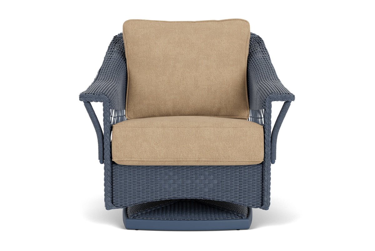 Lloyd Flanders Nantucket Swivel Glider Lounge Chair in Denim Blue with Hayden Sand fabric