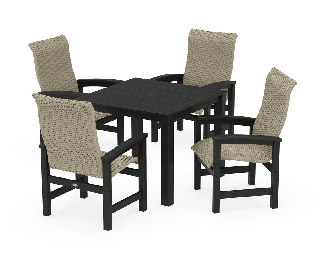POLYWOOD Coastal Woven High-Back 5-Piece Parsons Dining Set in Black / Dune Grass