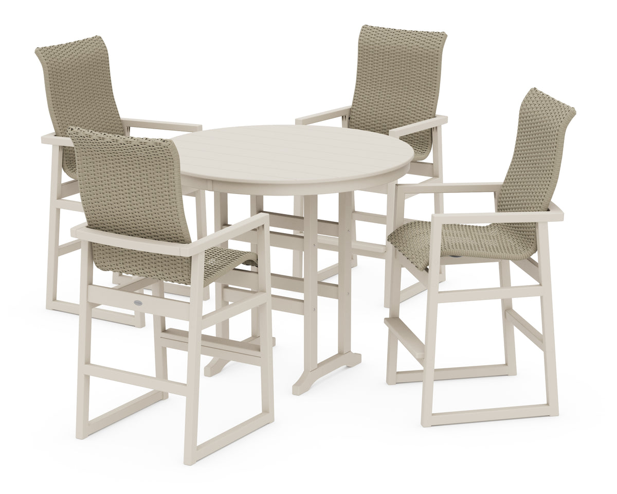 POLYWOOD EDGE Woven Highback 5-Piece Round Farmhouse Bar Set in Sand / Dune Grass