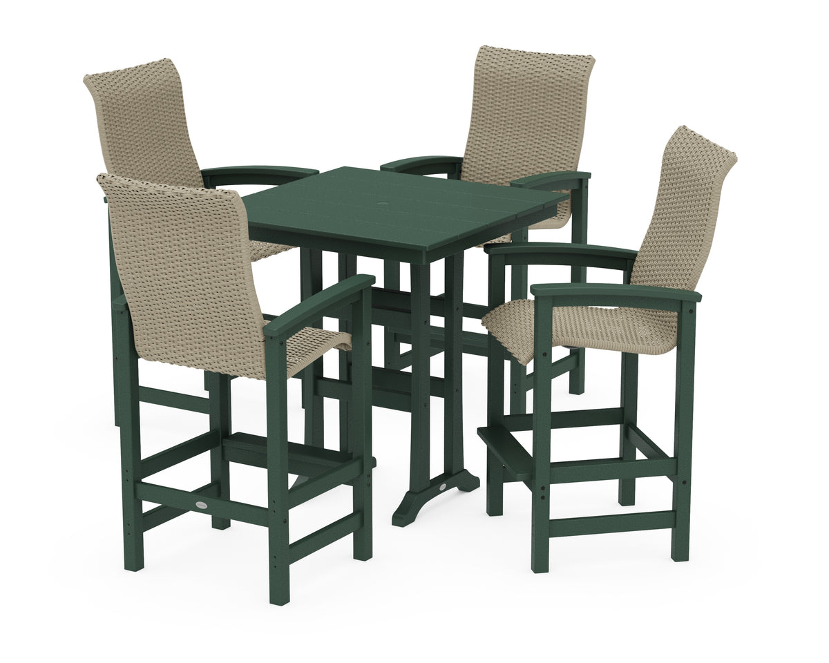 POLYWOOD Coastal Woven High-Back 5-Piece Farmhouse Bar Set with Trestle Legs in Green / Dune Grass